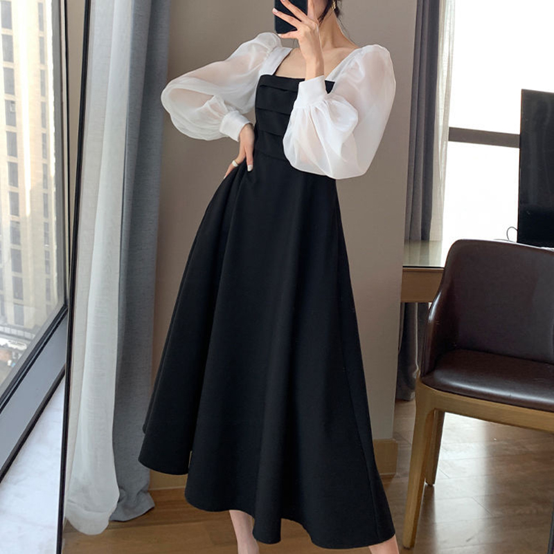 Robe noire coréenne en mousseline de soie pour femme, robe taille haute, patchwork, col carré, robe trapèze, mode élégante, bureau, été, éducatif