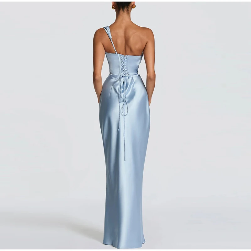 Nouvelle Robe Longue Asymétrique en Satin pour Femme, Col Bénitier, Taille Froncée, Robe Moulante, Robes d'Été Formelles pour Soirées et Cérémonies
