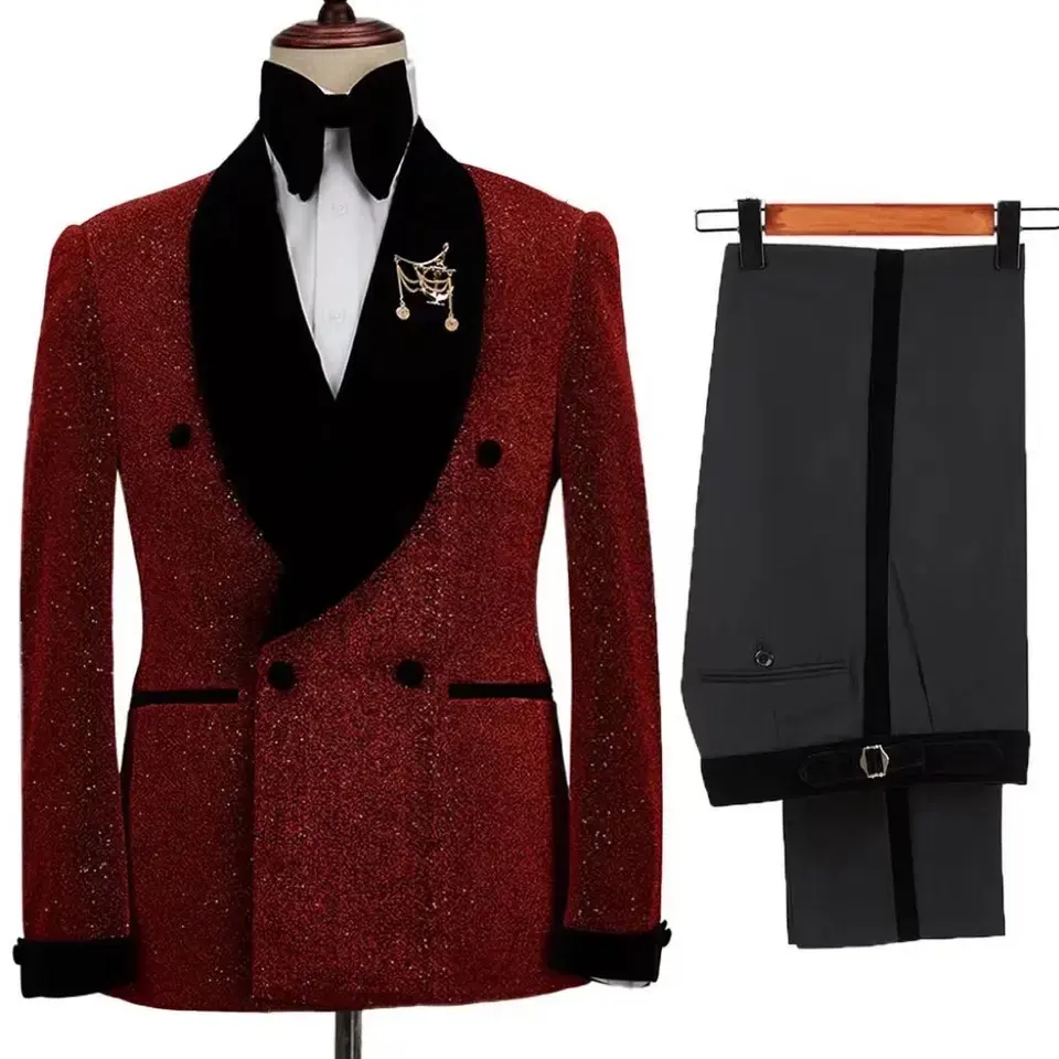 Costumes 2 pièces pour hommes, veste brillante avec pantalon noir, col châle en velours, smokings de marié de mariage, olympiques habnommée à double boutonnage