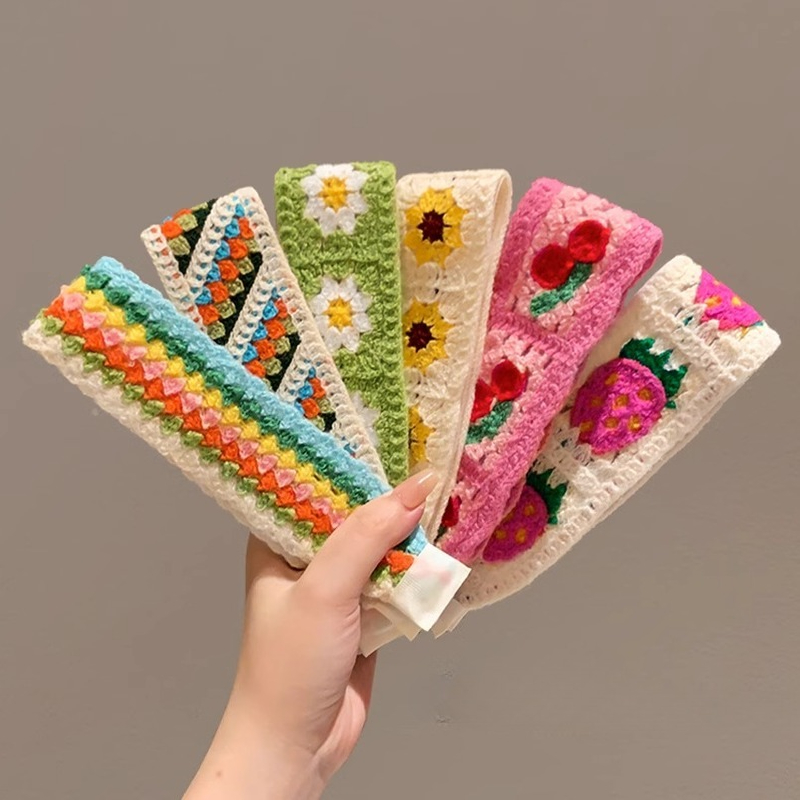 Fleur colorée bandeau doux Floral tricot frange autocollant magique mignon fille cheveux cravate bandeaux cheveux accessoires pour femmes Diademas