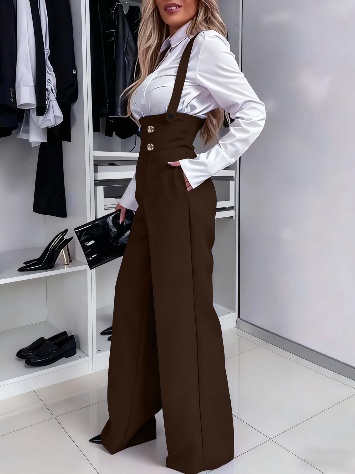 Pantalon large marron taille haute pour femme, avec bretelles croisées au dos, boutons double boutonnage, style salopette, décontracté chic