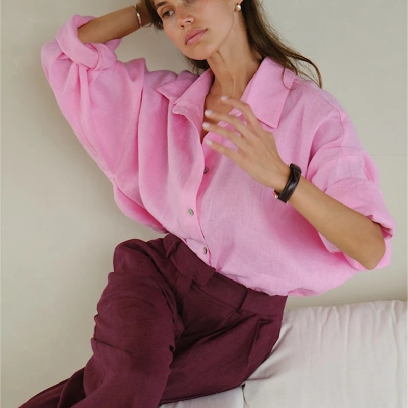 Chemise blanche en lin pour femmes, manches longues, élégante, rose, ample, mode, été, Vintage, basique, col haut, chemise pour femmes