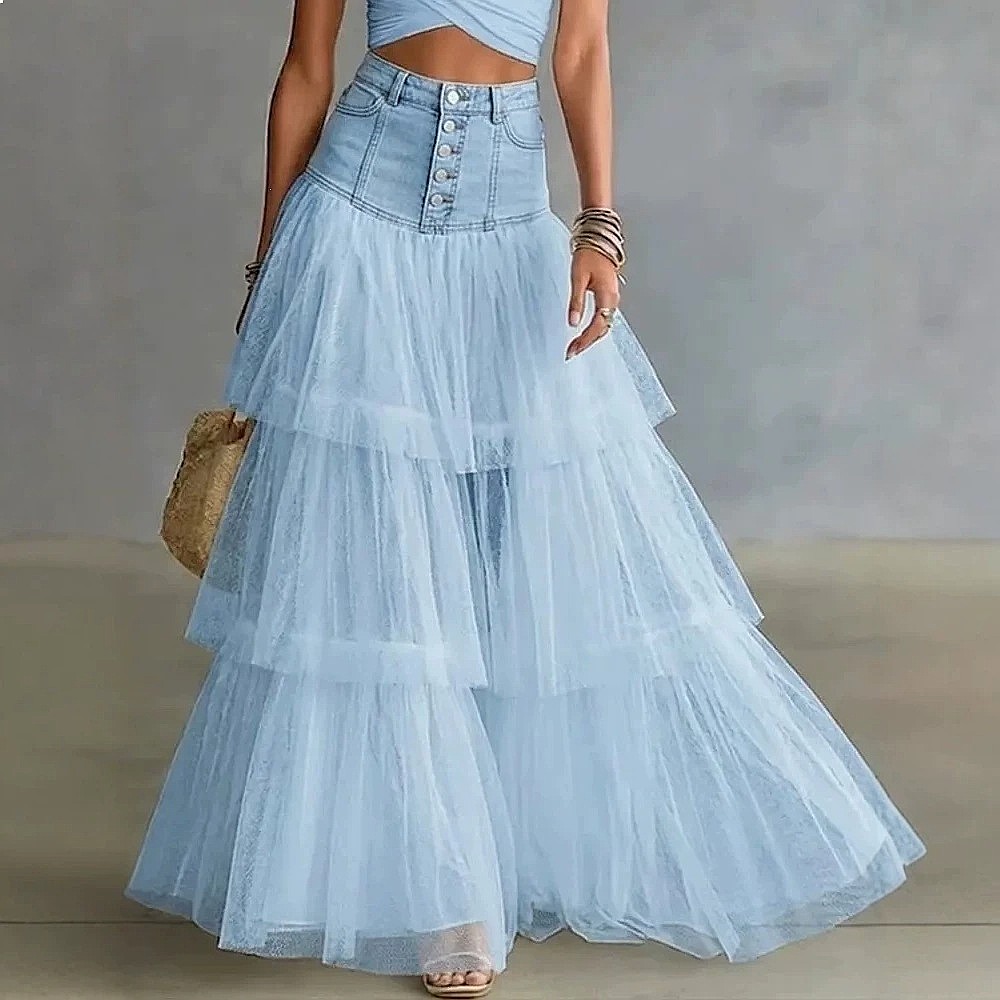 Jupe en jean superposée à empiècements en maille pour femme, taille haute, coupe trapèze, collection Printemps-Été 2026