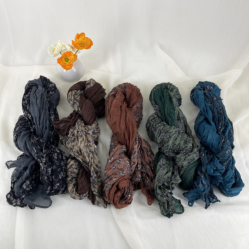 Écharpes longues en coton et lin, écharpe plissée à fleurs pour femmes, foulards bohèmes, respirants et chauds, légers, accessoires