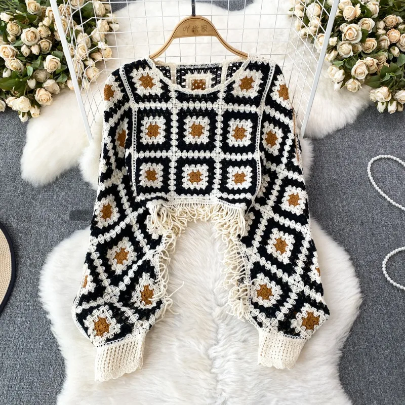 Pull bohème pour femme, col rond, crochet, fleur, creux, pulls vintage pour femme, pulls d'automne à carreaux, pompon, tout-puissant, livraison directe