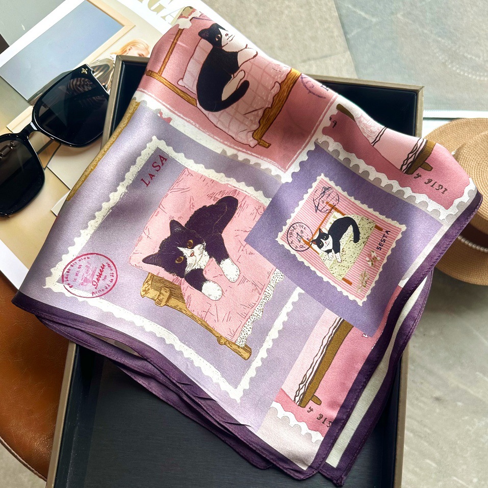 Foulard carré 100% Soie de Mûrier pour Femme, imprimé chats mignons, écharpe de cou, bandeau de tête, bandana, mouchoir