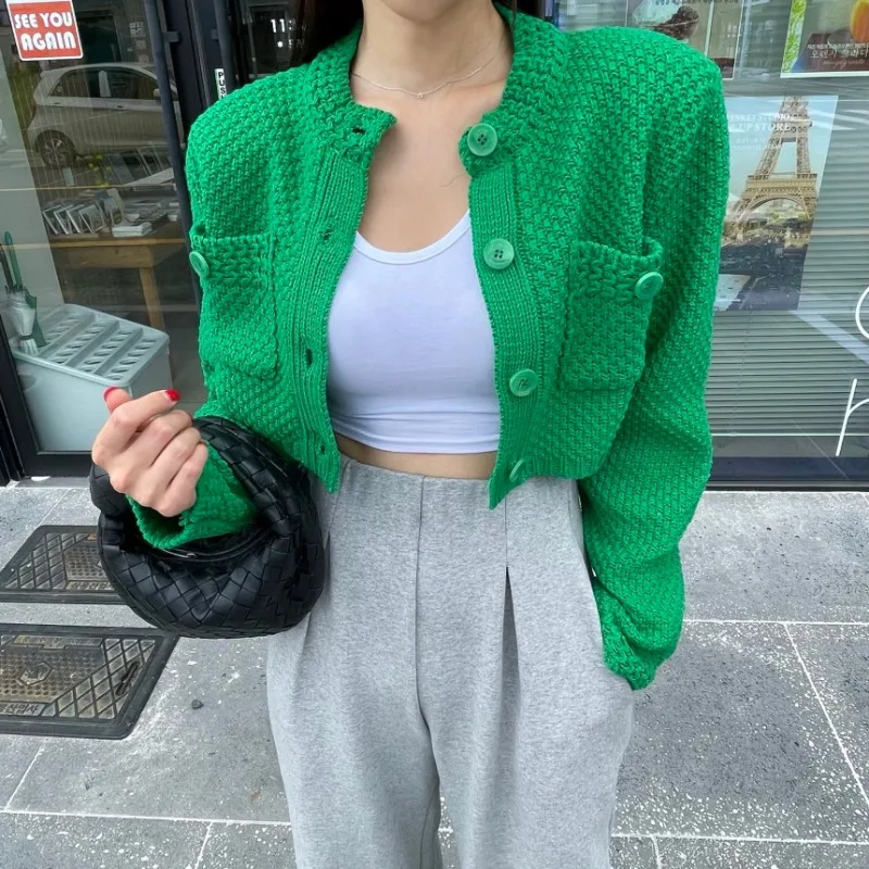 Cardigan court avec poches pour femme, mode coréenne, tricoté, col rond, manches longues, Simple, couleur unie, pull, livraison directe
