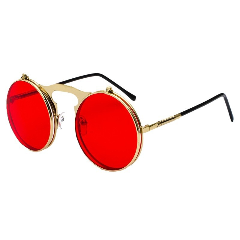 Lunettes de soleil rondes rétro steampunk rouges pour hommes et femmes, monture en métal doré, style gothique punk, pour fêtes et cosplay