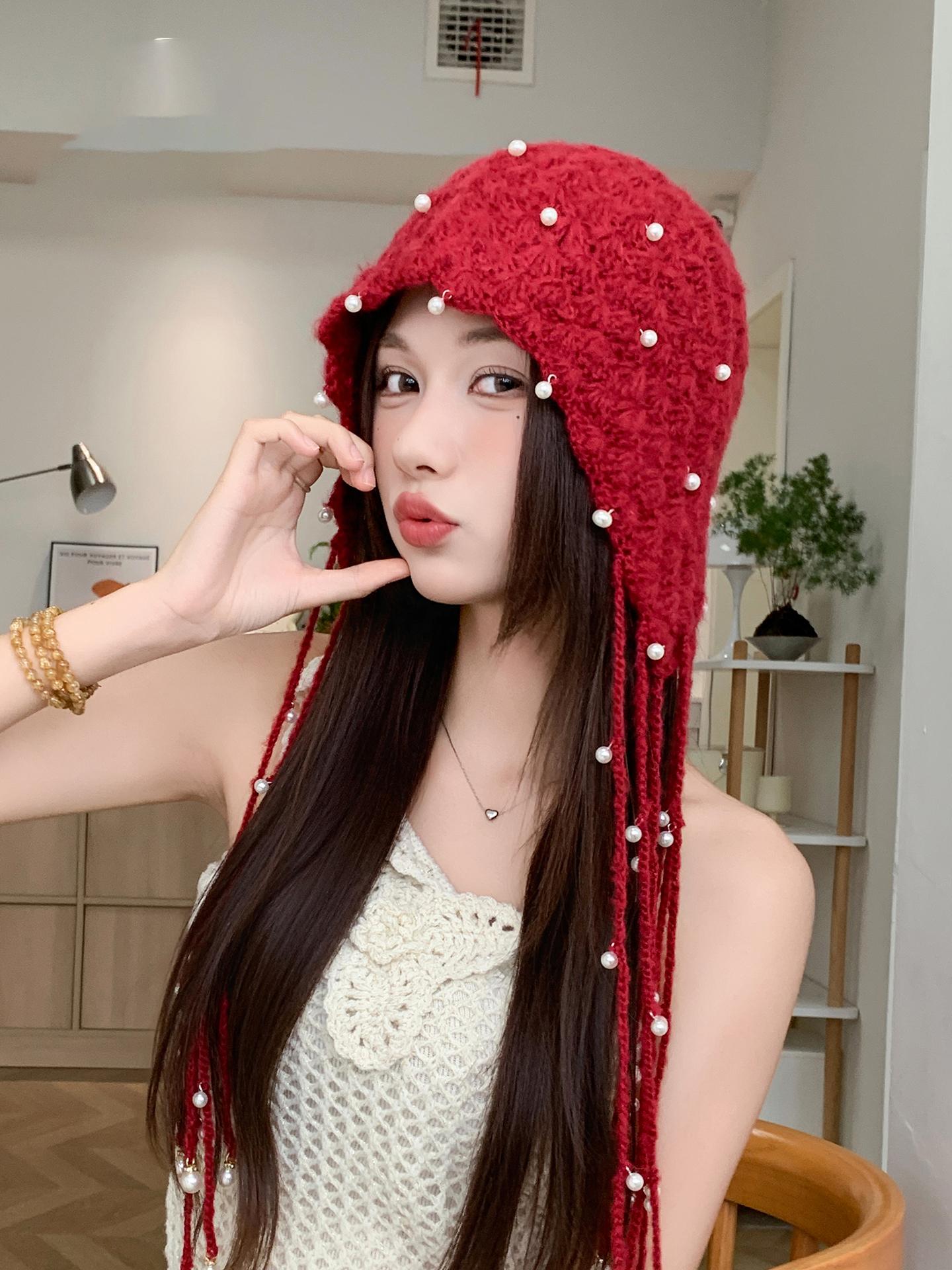 Baotou – chapeau tricoté avec pendentif en perles creuses pour femme, nouveau Style ethnique, Look rétro, petit chapeau tricoté polyvalent, automne/hiver 2025