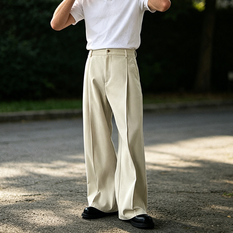 Pantalon décontracté pour homme, style streetwear, coupe ample, couleur unie, plissé, taille haute, droit, printemps-été
