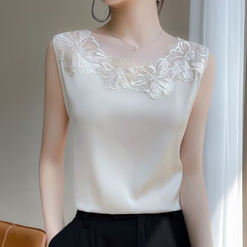Camisole en dentelle respirante en soie, costume ample en Satin, haut sans manches sans col, gilet d'épissure