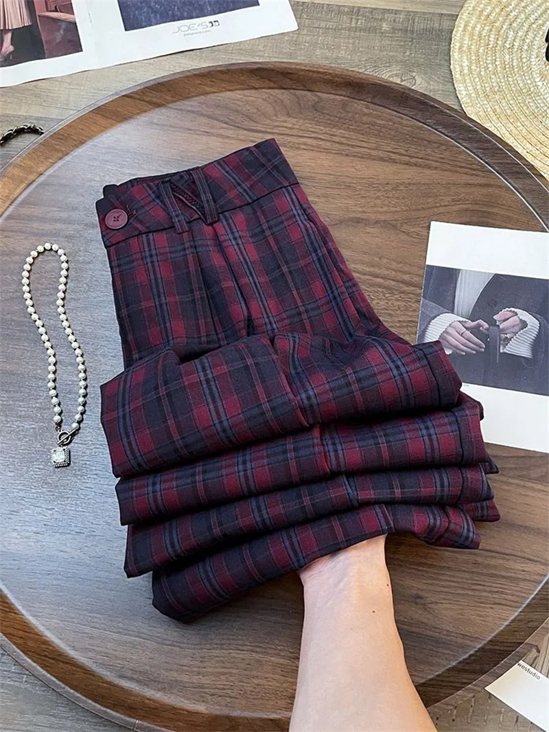 Pantalon long décontracté élégant pour femme, coupe droite ample et fine, à carreaux, taille élastique, style coréen DCABT, printemps-automne, pour le travail 363A