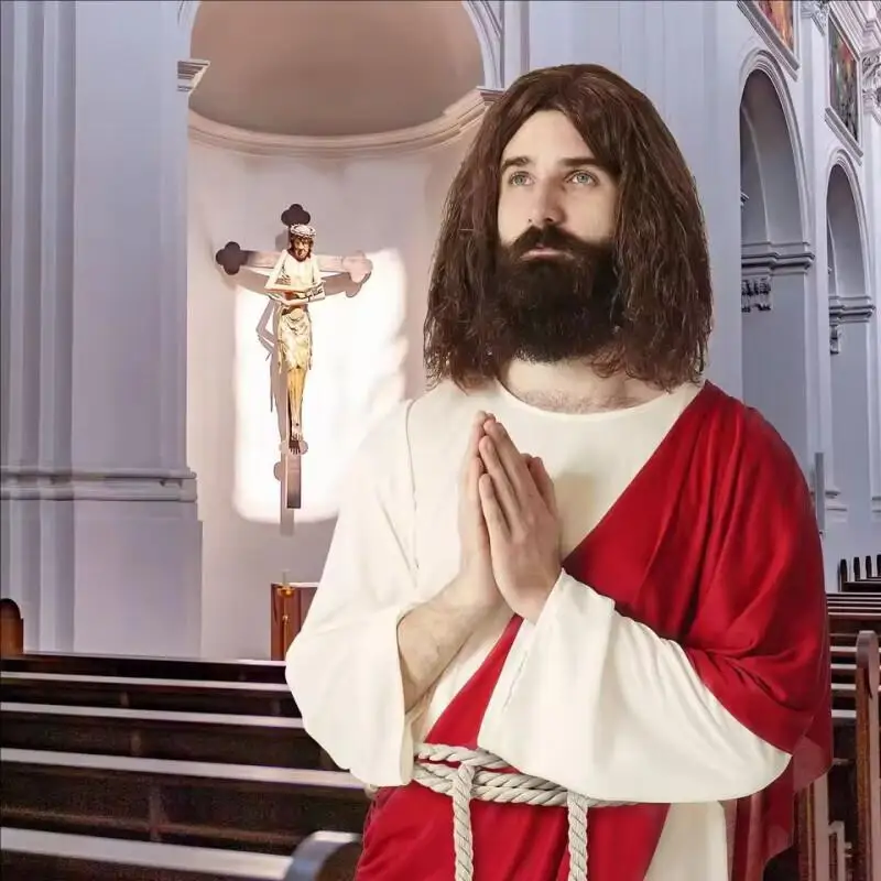Costume complet de cosplay de Jésus-Christ pour hommes, robe de Jésus avec perruque et barbe pour spectacle de scène d'Halloween, déguisement.