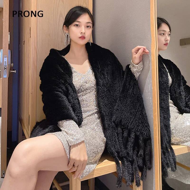 Écharpe en Fourrure de Vison group pour Femme, Style Long, Châles à Franges Naturelles, Pashmina Chaud pour l'Hiver