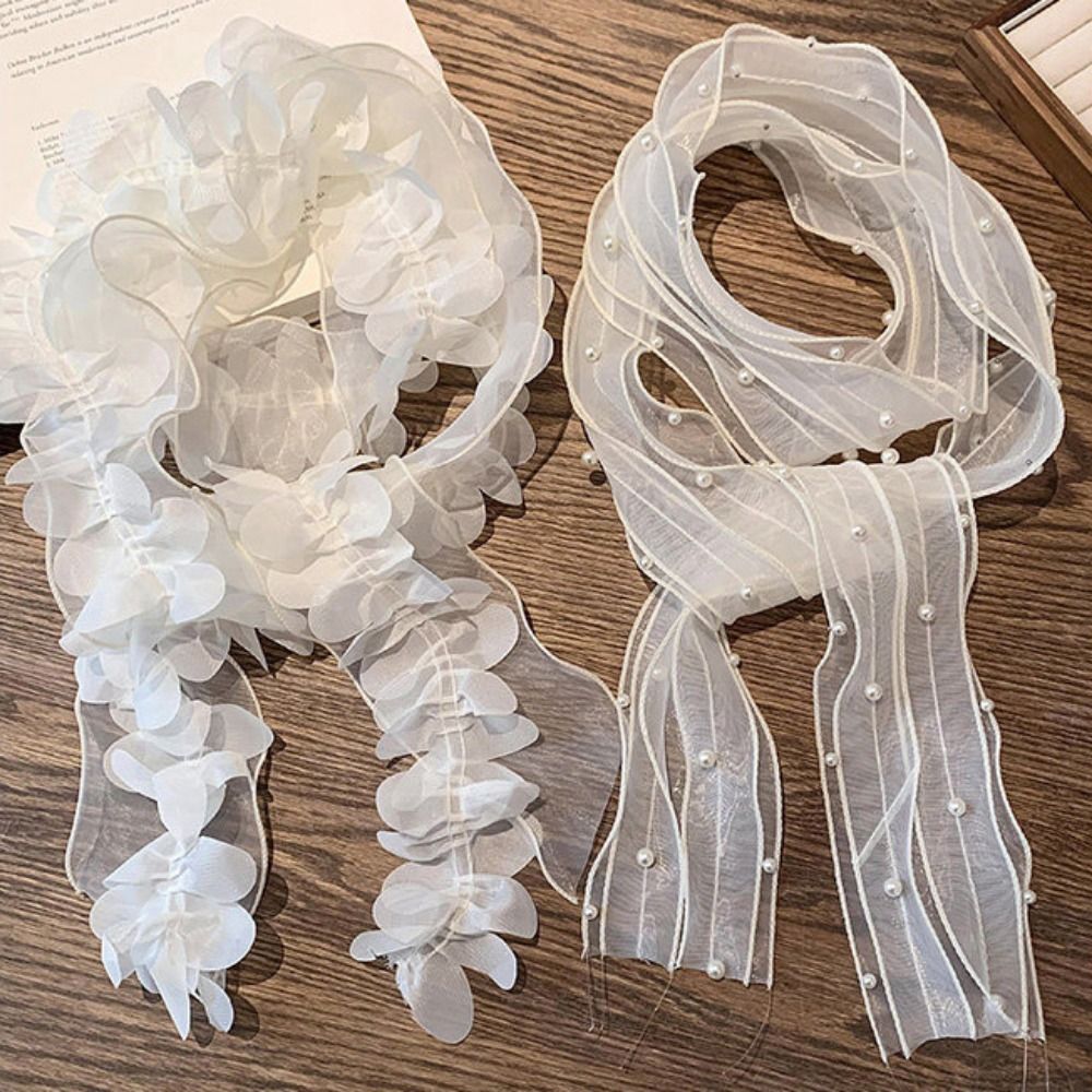 Nouveau Foulard Blanc en Dentelle avec Pétales et Perles, en Organza Français, Long et Fin, Accessoire de Mode