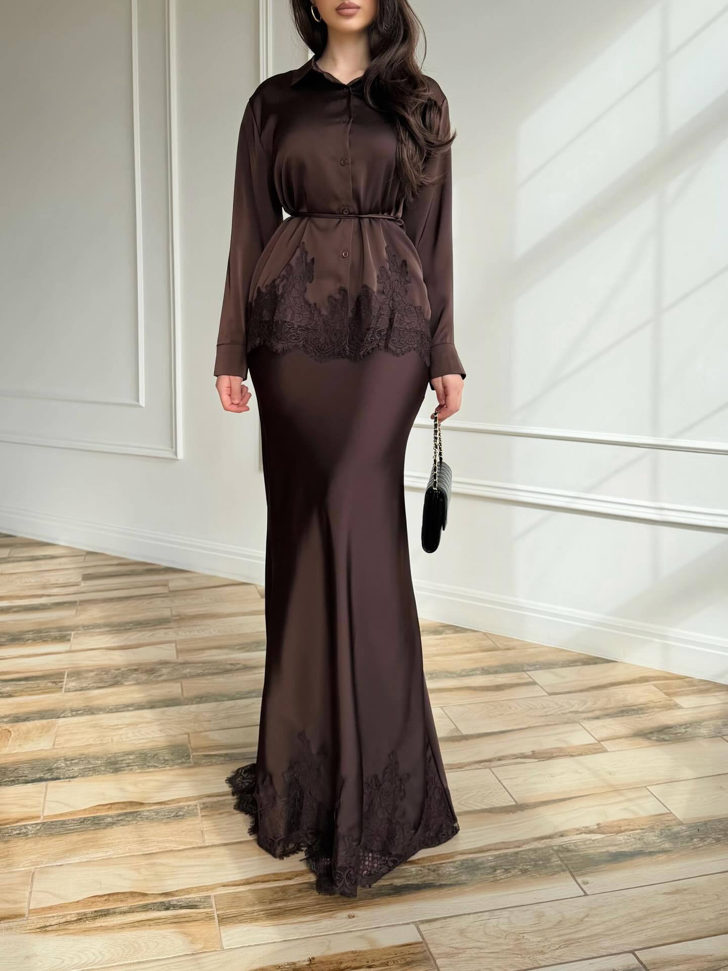Ensembles deux pièces pour femmes : Hauts à manches longues en dentelle à col rabattu et jupes longues taille haute – Style streetwear élégant pour le travail