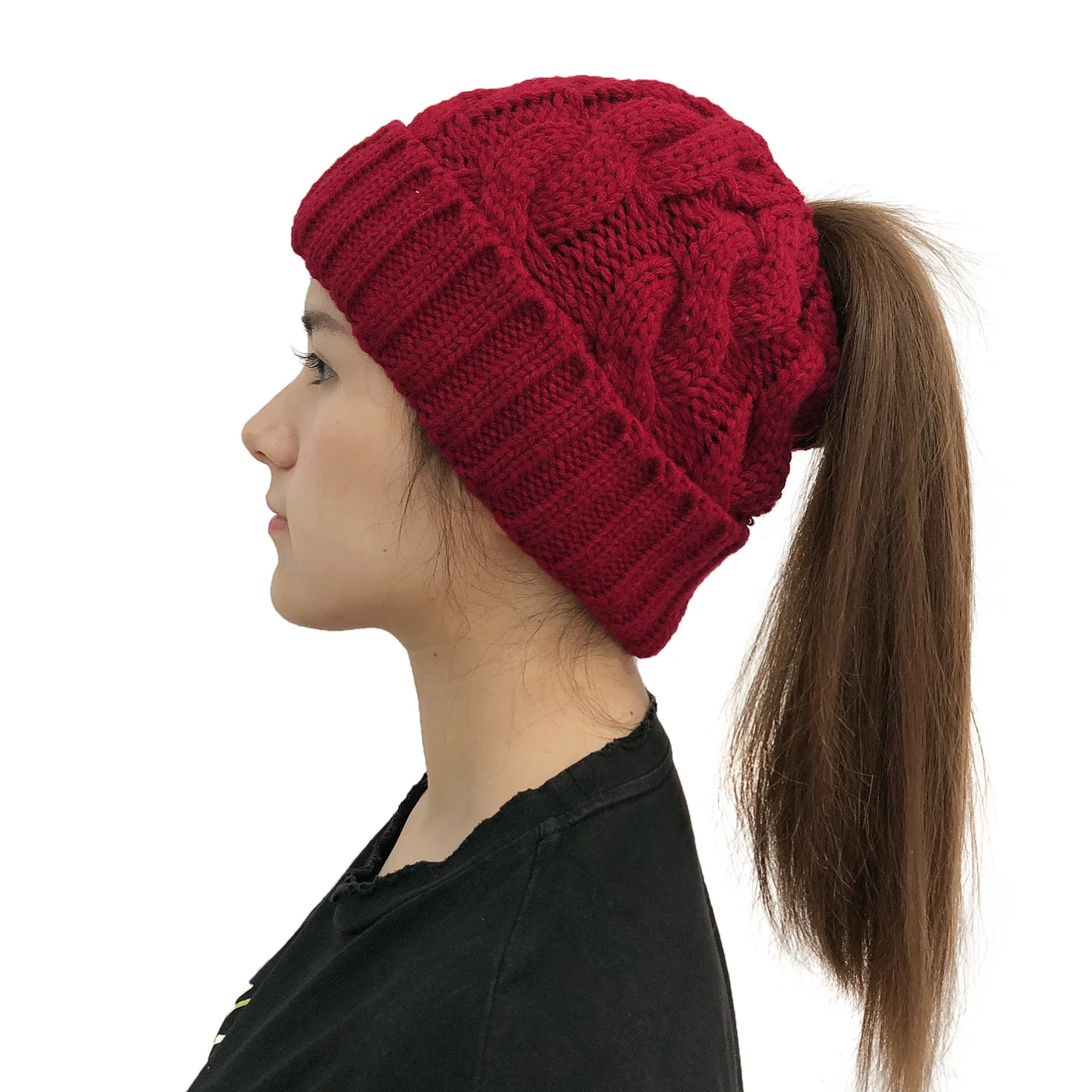 Femmes hiver chapeaux bonnets tricoté filles casquette torsion Crochet chapeaux d'hiver pour femme pompon Beanie oreille tresse queue de cheval chapeau Skullies