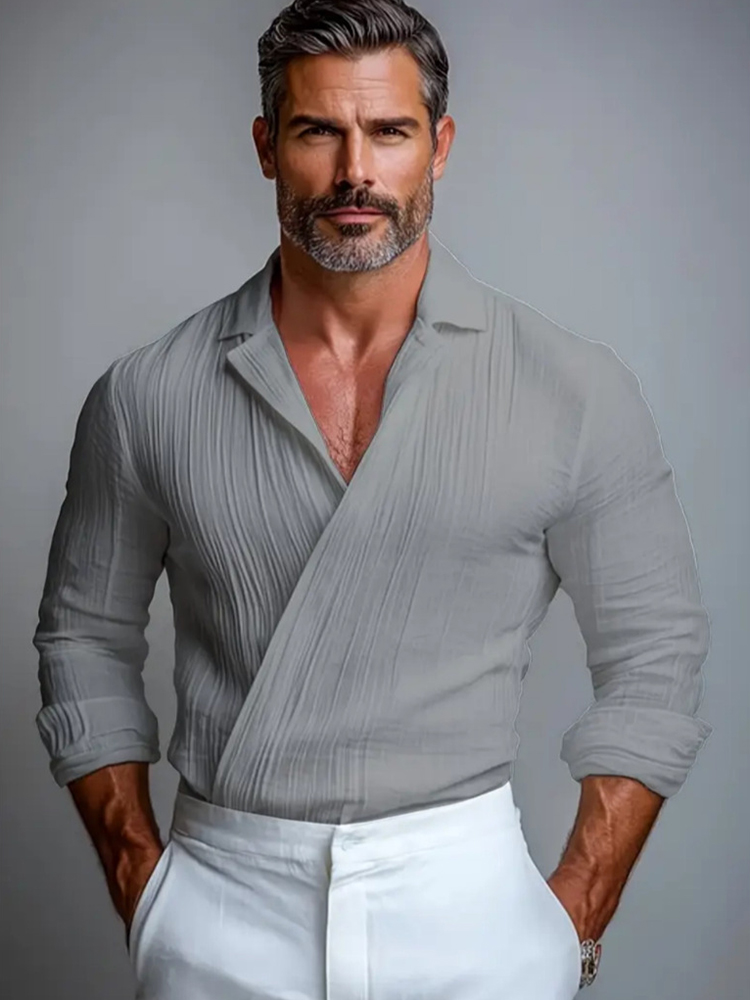 Chemisier Slim élégant pour hommes, chemises à manches longues, Design à revers croisé, hauts Vintage, couleur unie, chemise texturée, printemps automne