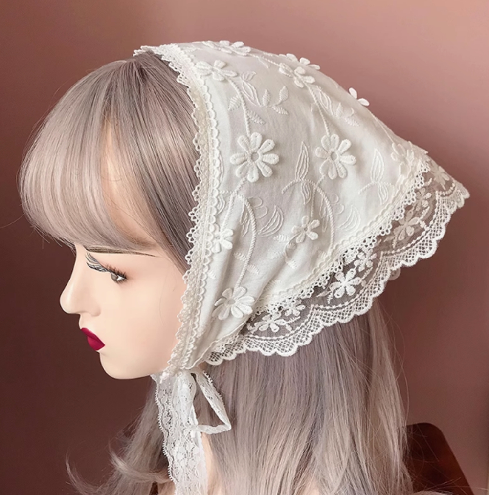 Foulard de tête Lolita Vintage, Triangle en dentelle brodée, couvre-chef pour femmes, coiffure