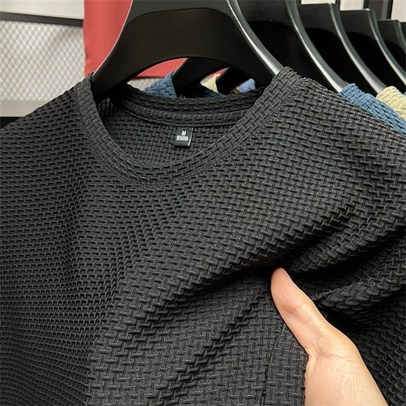 T-shirt en maille de soie glacée pour homme, à manches courtes et col rond, fin, couleur unie, pour l'été, style sport