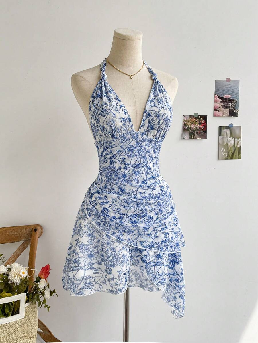 Robe d'été en maille bleue à fleurs pour femmes, col en V, sexy, élégante, douce, coupe ajustée, robe de soirée décontractée