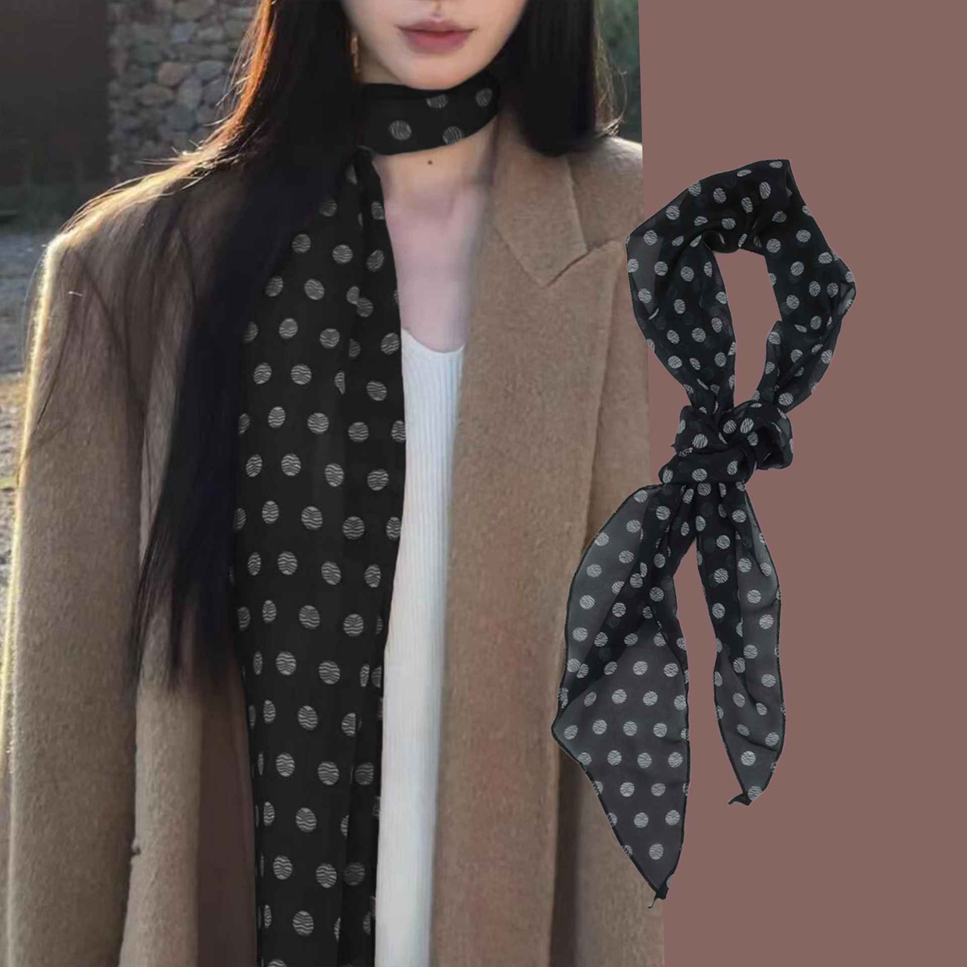 Écharpe en soie de mousseline à pois pour filles d'été, long ruban, chouchous, écharpe pour queue de cheval, élastiques à cheveux, attaches pour cheveux, cadeau