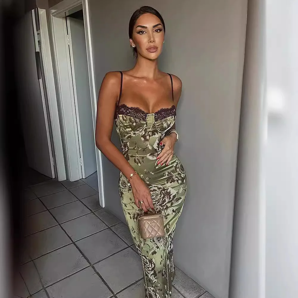 Robe longue en tricot à imprimé floral avec bordure contrastée en dentelle, fentes latérales, sans manches, robe décontractée confortable pour femmes, robe de nuit