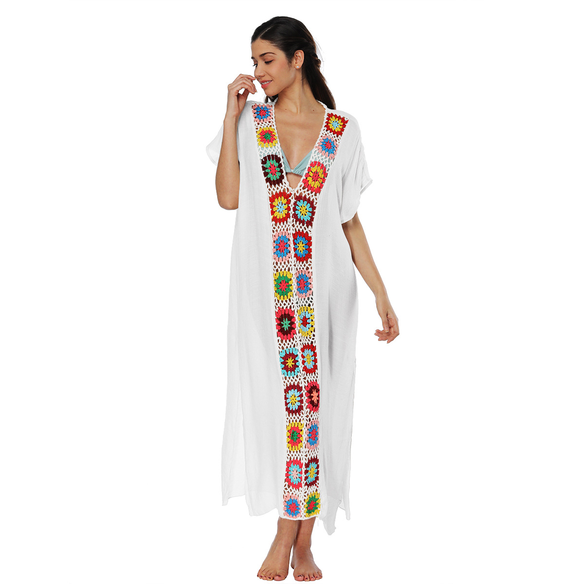 Robes pour femmes 2025 – Robe longue sexy à fente, patchwork crocheté à la main, imprimé floral, chemise de plage, vêtements pour femmes, Vestidos