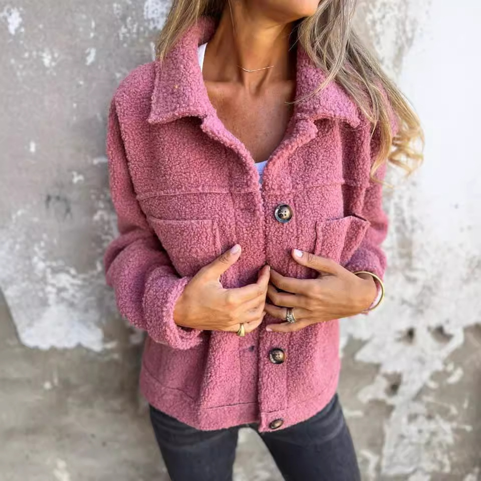 Manteau en laine d'agneau pour femme, vêtement d'extérieur chaud, veste courte, simple boutonnage, col rabattu, poches, pardessus de bureau, automne hiver