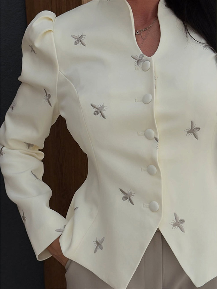 Manteau Urbain Brodé pour Femme, Manches Bouffantes, Boutonné, Col en V, Coupe Ajustée, Mode Automne 2026, Haut de Rue Féminin pour le Quotidien