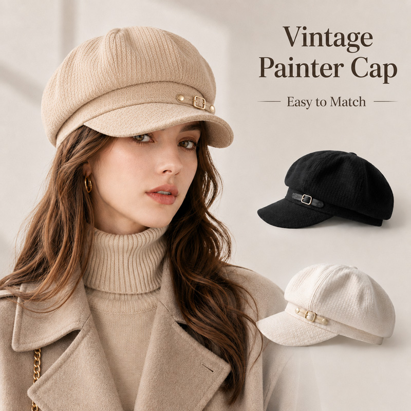 Béret Femme Automne Hiver, Casquette d'Artiste Vintage, Chapeau Newsboy avec Ceinture Décorative, Casquette de Peintre Octogonale Tendance à Visière Courte
