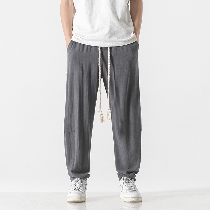 Pantalon en coton et lin pour hommes, sarouel respirant, couleur unie, Streetwear, blanc, longueur cheville, été