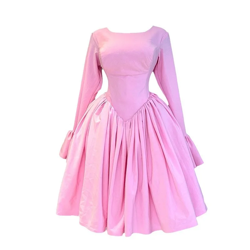 Robe mi-longue pour femmes, ligne A, plissée, col rond, décontractée, élégante, rose, tenue de soirée, taille haute, nuit, mariage, à lacets