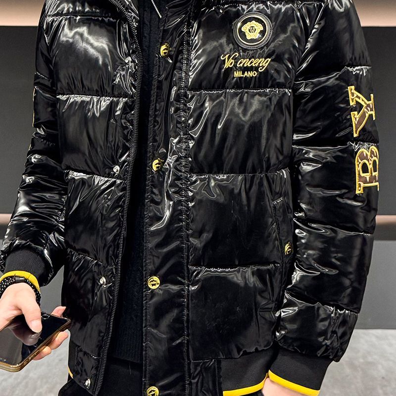 Nouveau manteau de mode brillant pour homme, style européen, brodé, col montant, rembourré en coton, épais et chaud