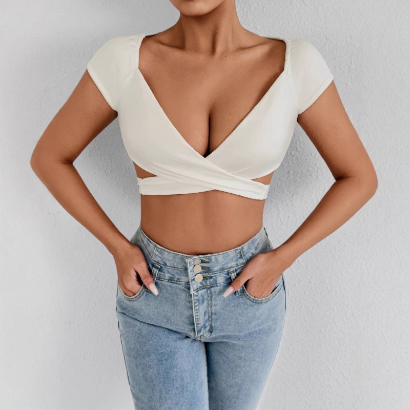 T-Shirt d'été Sexy pour femmes, col en V, taille haute, Push-Up, haut court, mélange extensible, tenue de Club quotidienne, plage, élégant, coupe courbe