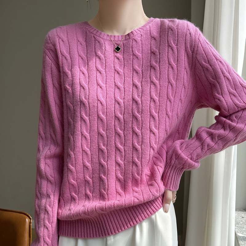 Pull épais en laine mérinos pour femme, col rond, pull torsadé, tricots décontractés en cachemire, manches longues, bas, automne, hiver