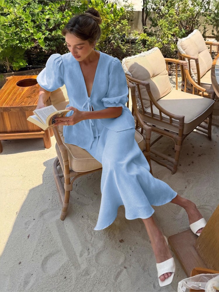 Ensemble jupe femme taille haute jupe longue costume femme col en v manches bouffantes a-ligne jupe longue 2 pièces ensembles 2025 tenue de dame d'été