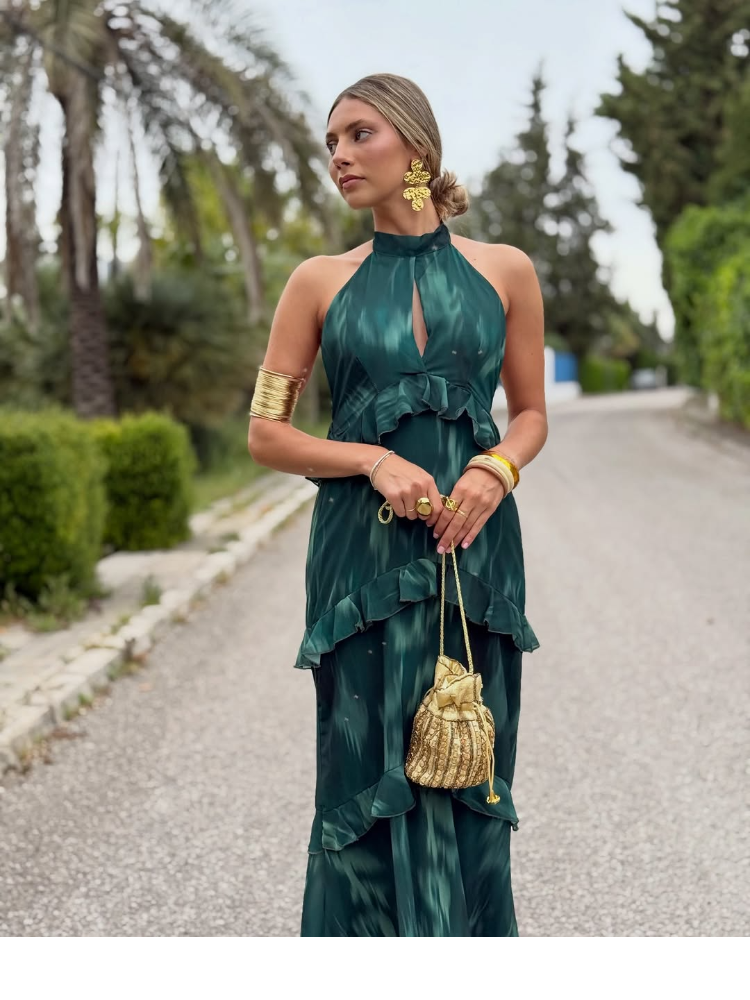 Robe Sexy Imprimée à Volants pour Femme, Col Halter, Découpes, Sans Manches, Dos Nu, Coupe Droite, Robes de Plage pour Vacances d'Été 2026