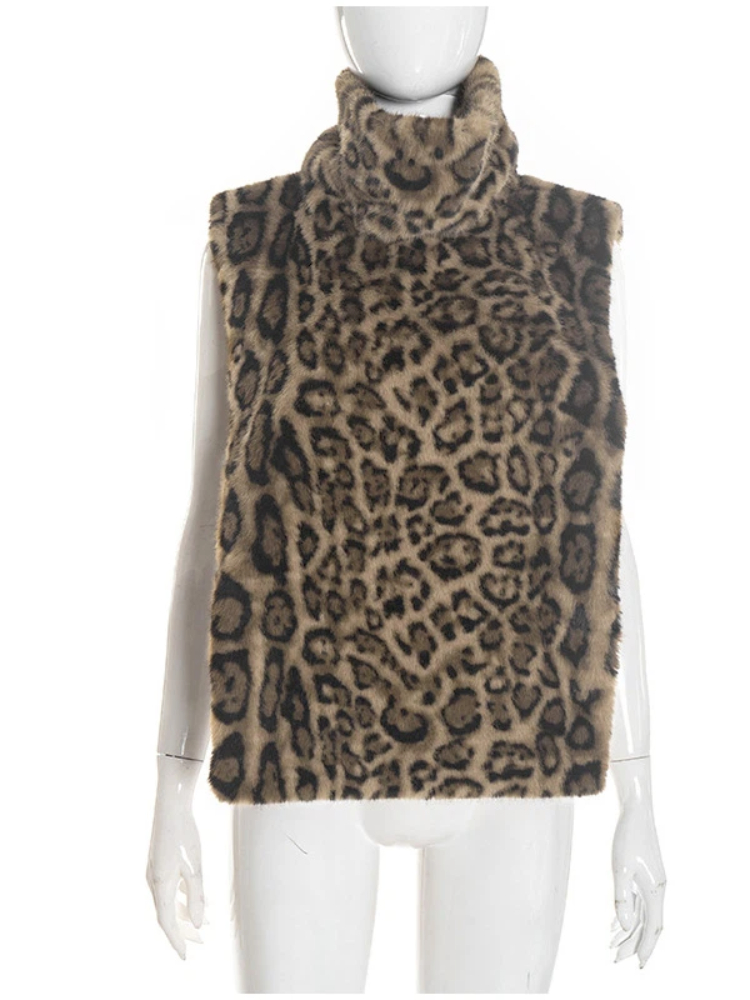 Hauts pour femmes, haut à col roulé sans manches en fausse fourrure léopard, châle, pull, mode féminine, dos nu, irrégulier, vêtements de club, nouveau streetwear