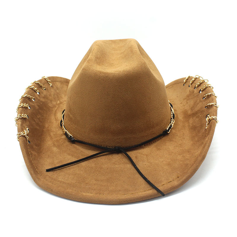 Chapeau de Cowboy occidental tendance pour hommes et femmes, avec chaîne en métal, visière en daim à large bord, casquette de Jazz à la mode