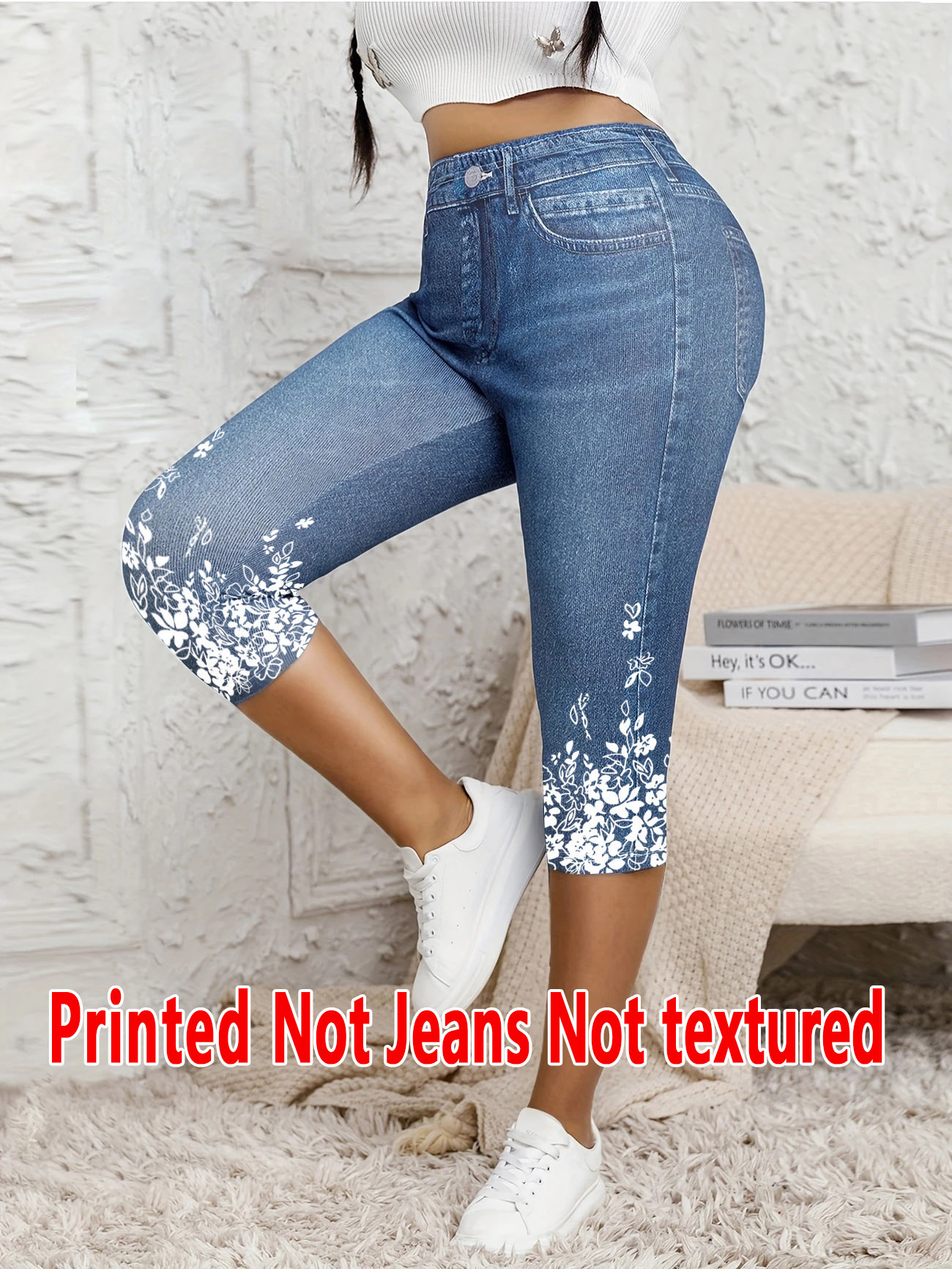 5898 [Leggings imprimés - Non en tissu denim] Leggings pour femmes à sept points avec un imprimé imitation denim, pantalon moulant