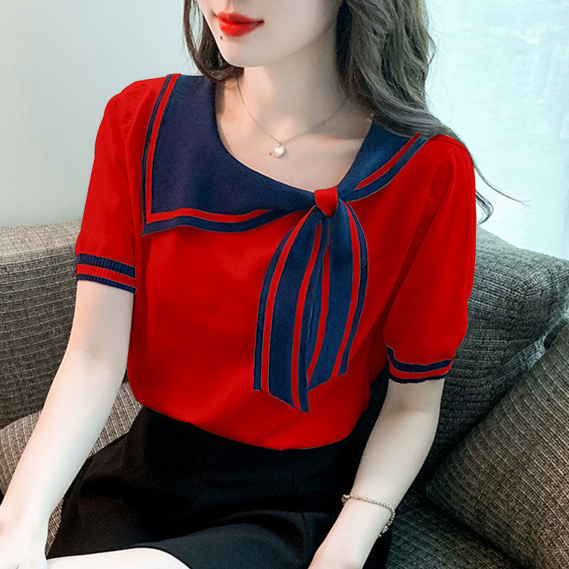 T-shirt décontracté à manches courtes pour femmes, col écharpe, pull tout match, vêtements pour femmes, doux, nouveau, mode, printemps, été