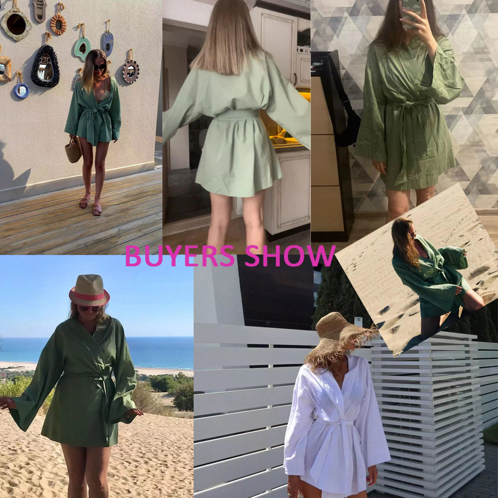 Mini robe kimono en coton et lin pour femmes, cardigan à col en V, manches longues, ceintures, style à lacets, robe éducative d'été