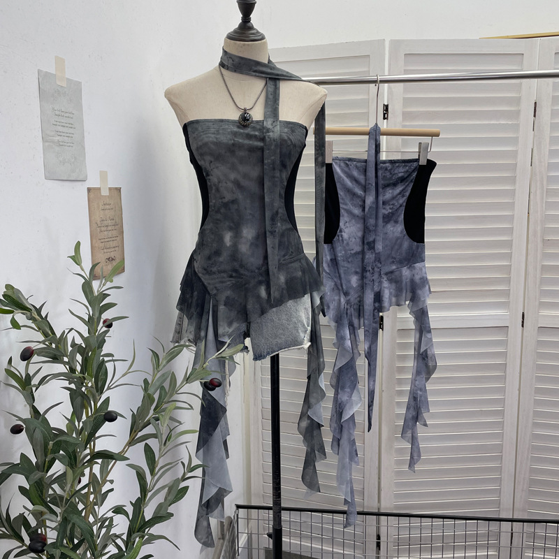 ISAROSE – Camisole d'été sans bretelles pour femme, motif léopard, maille extensible, patchwork latéral, coupe ajustée, volants asymétriques, hauts type foulard