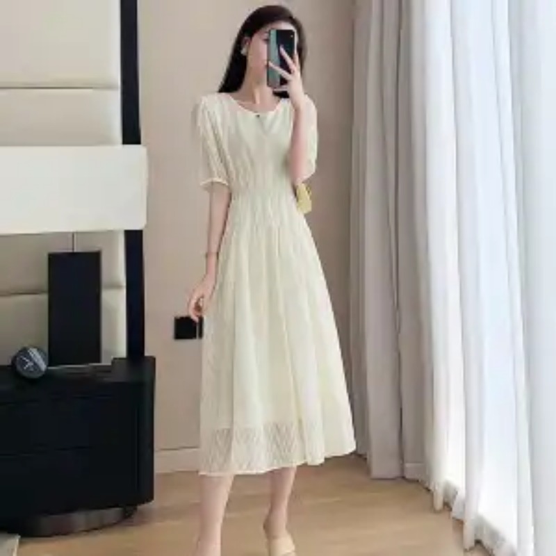 Robe midi en mousseline de soie française pour femme, col rond, coupe ajustée, élégante, décontractée, robe longue à volants