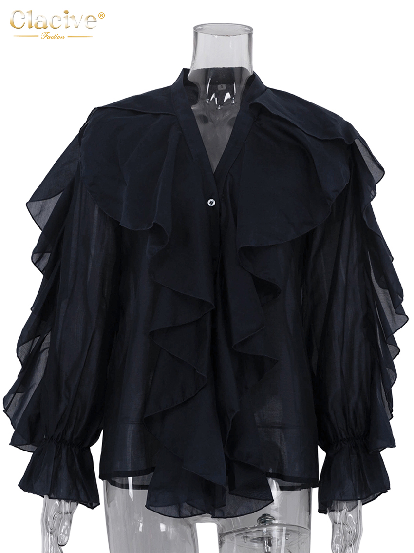 Clacive mode ample blanc femmes chemise 2025 Sexy col en v à manches longues chemises élégant classique volants solide hauts vêtements féminins