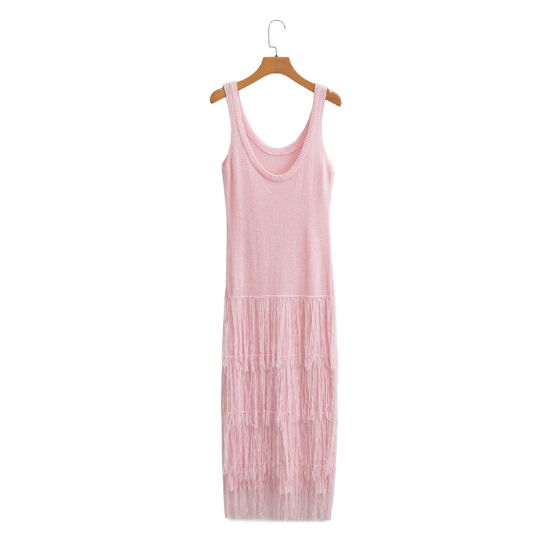 Robe Camisole en Tricot à Franges pour Femme, Tenue Élégante à la Mode, Couleur Unie, Nouvelle Collection Été