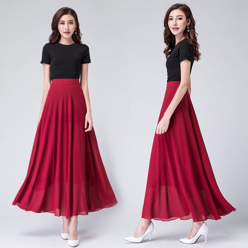 Jupe longue en mousseline de soie pour femme, élégante, vintage, printemps, été, bureau, dame, tout-assressenti, mode, taille haute, mince, jupes mi-longues décontractées