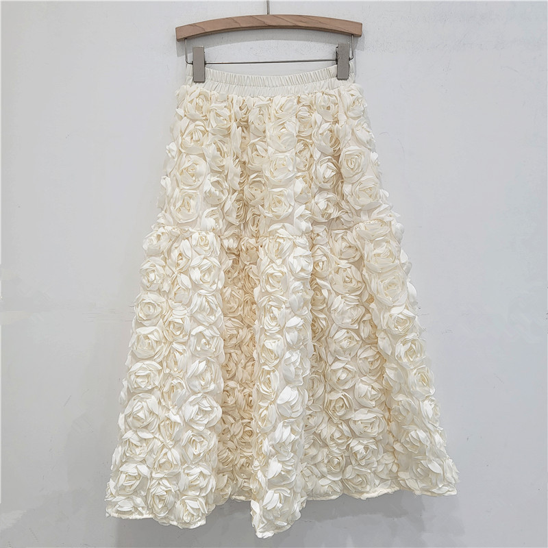 Jupe pour femmes 2025 été polyvalent fleur tridimensionnelle mi-mollet jupe taille haute grande balançoire mode a-ligne jupes longues