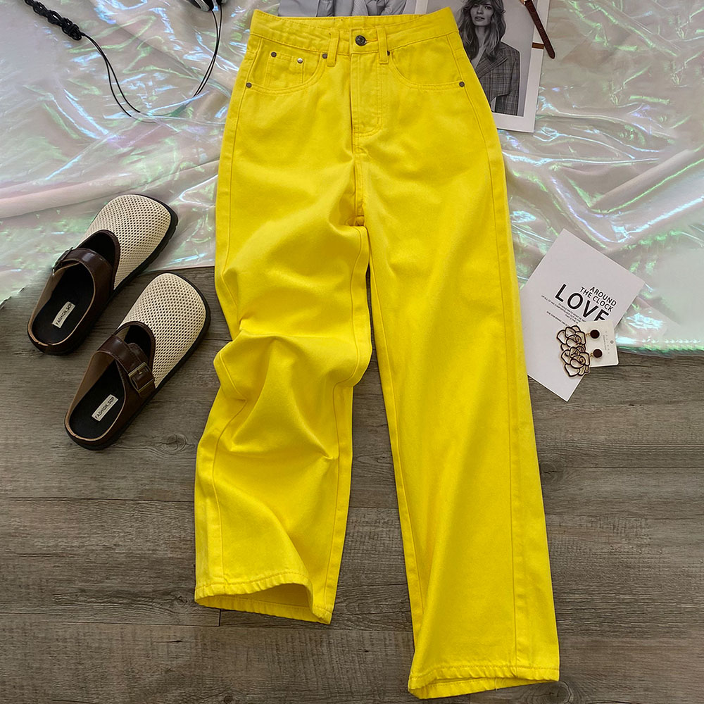 Jean jaune citron pour femme, pantalon droit, ample, taille haute, complet, tendance, jambes larges, nouvelle collection automne 2025